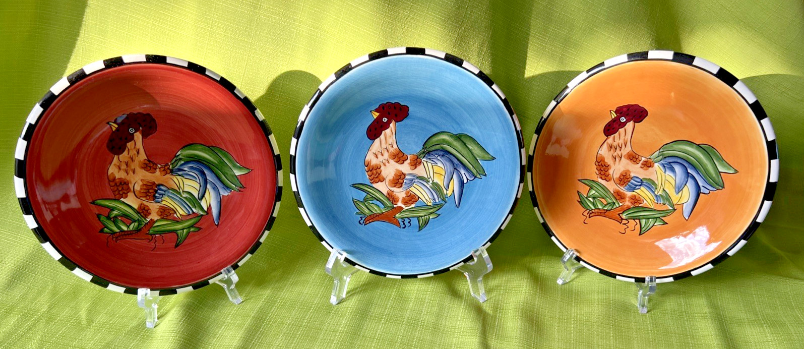Roosters Set of 3 Decorative Plates Checkered Border ~ Country Theme
