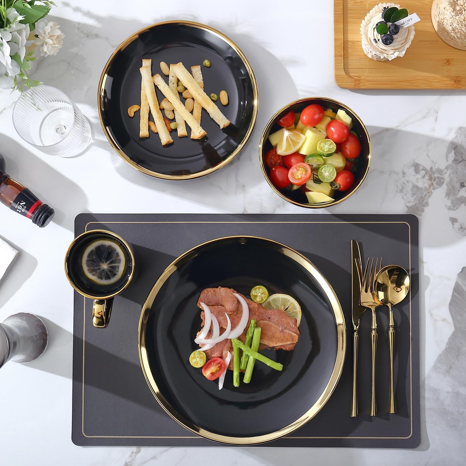 Dinner Plates, Set of 6, 8 Inch, Black Porcelain with Gold Trim, Small Plates, B