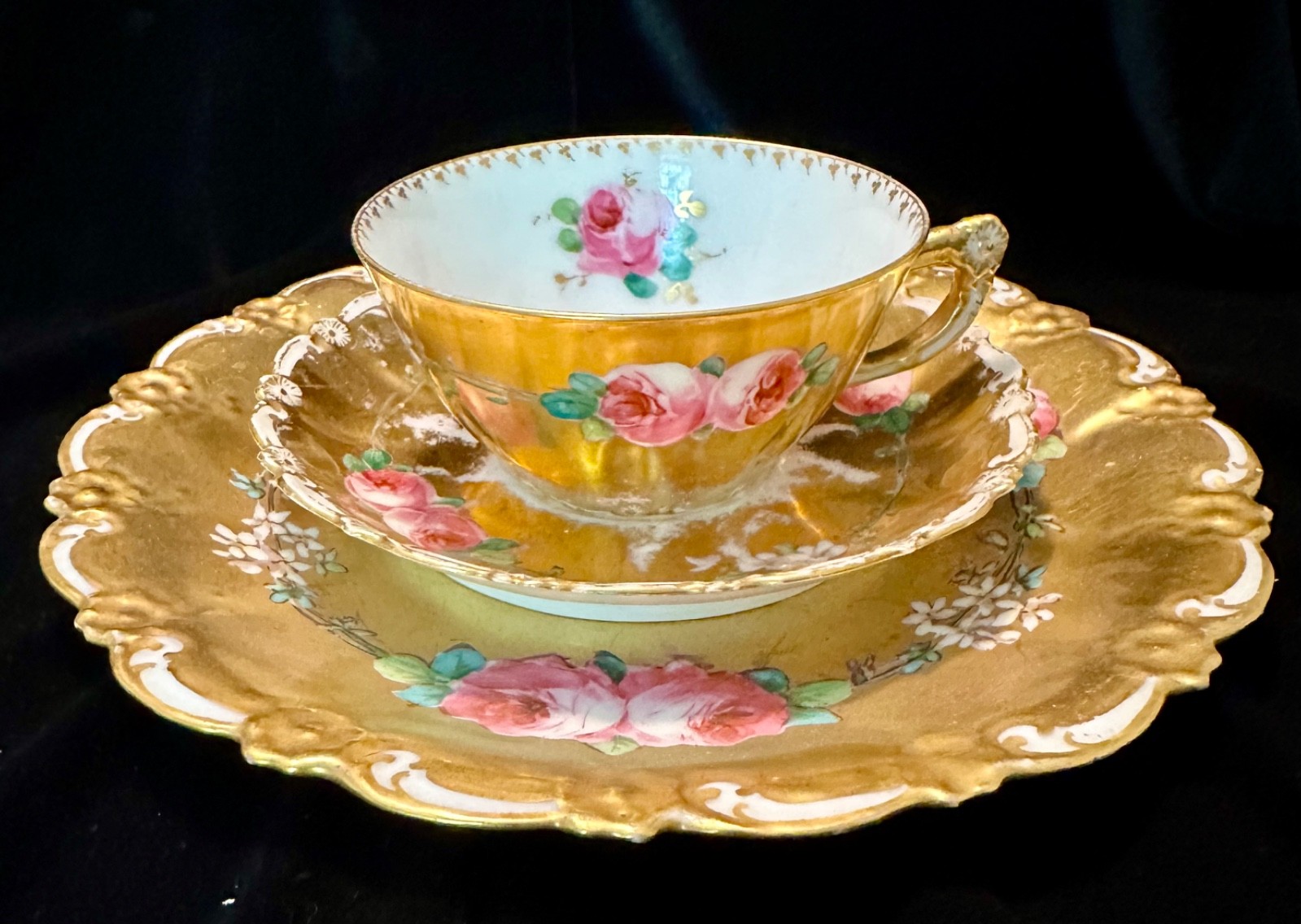 Antique Limoges Coronet Heavy Gold Cabbage Roses Trio Cup Saucer Plate handpaint