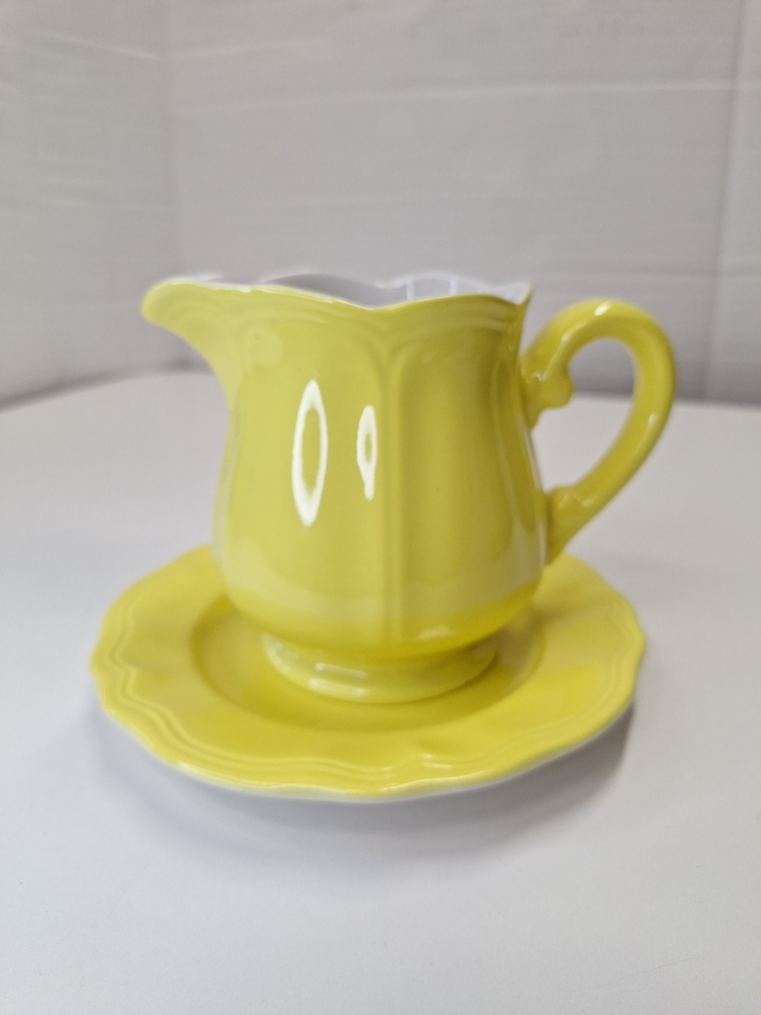 Ironstone Japan Yellow Ceramic Creamer Pitcher w Saucer Plate 4.5″H x 5.5″W