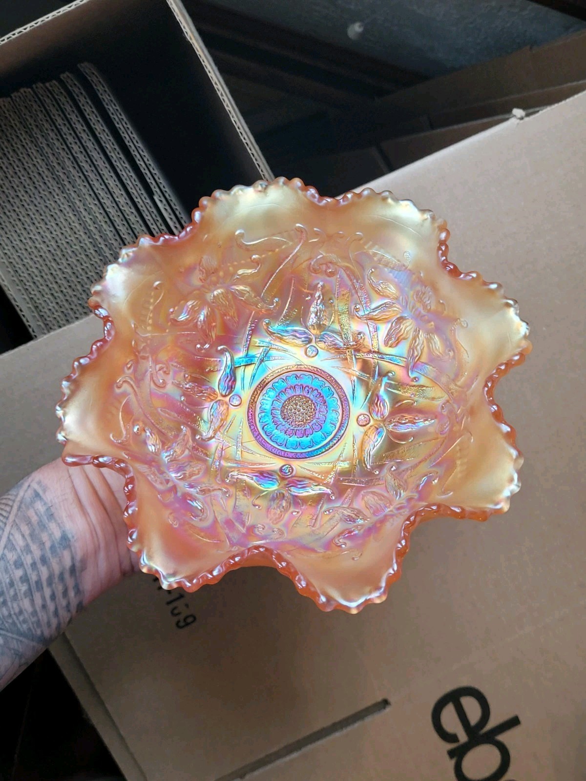 Super Pretty Marigold Northwood Carnival Glass Wishbone Bowl Ruffles n Rings EX.