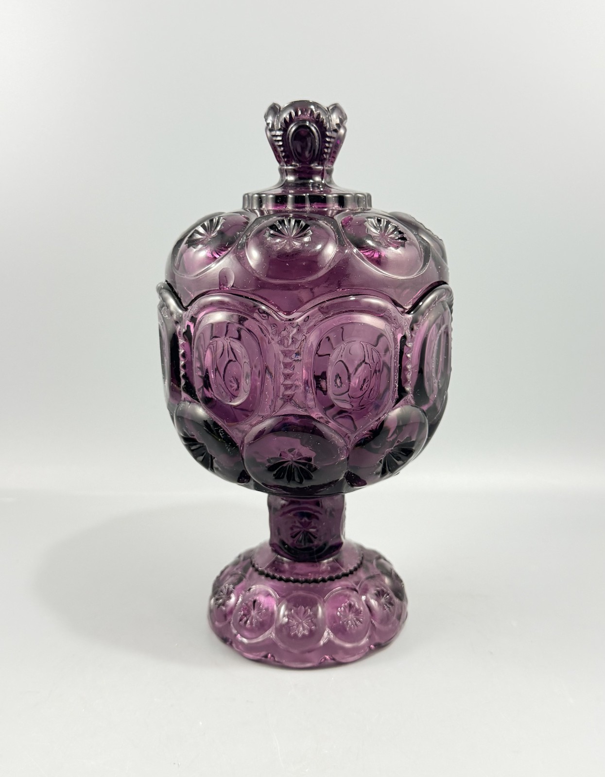Vintage LE Smith Glass Amethyst Moon and Stars Lidded Candy Dish Compote 8″