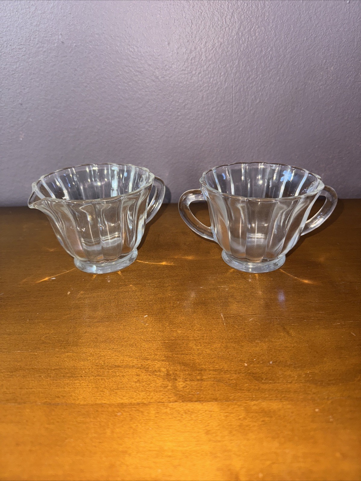 Vintage Clear Glass Ribbed Creamer & Sugar Bowl Set – Elegant Dining Decor