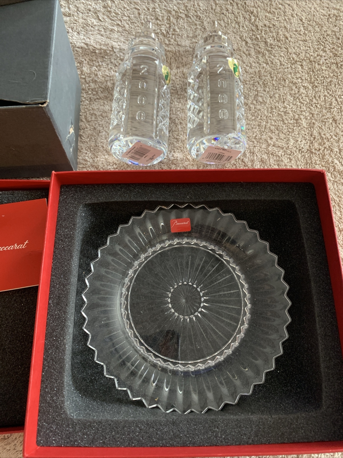 BACCARAT CLEAR CRYSTAL 6 1/4″ PLATE NEW & 2 WATERFORD BABY BOTTLES 2000
