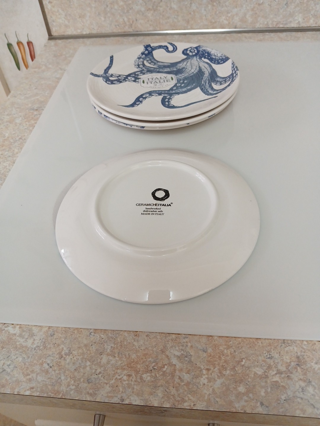 Set of 4 Ceramicheitalia 8″ Blue Octopus Salad Plates, Handworked in Italy