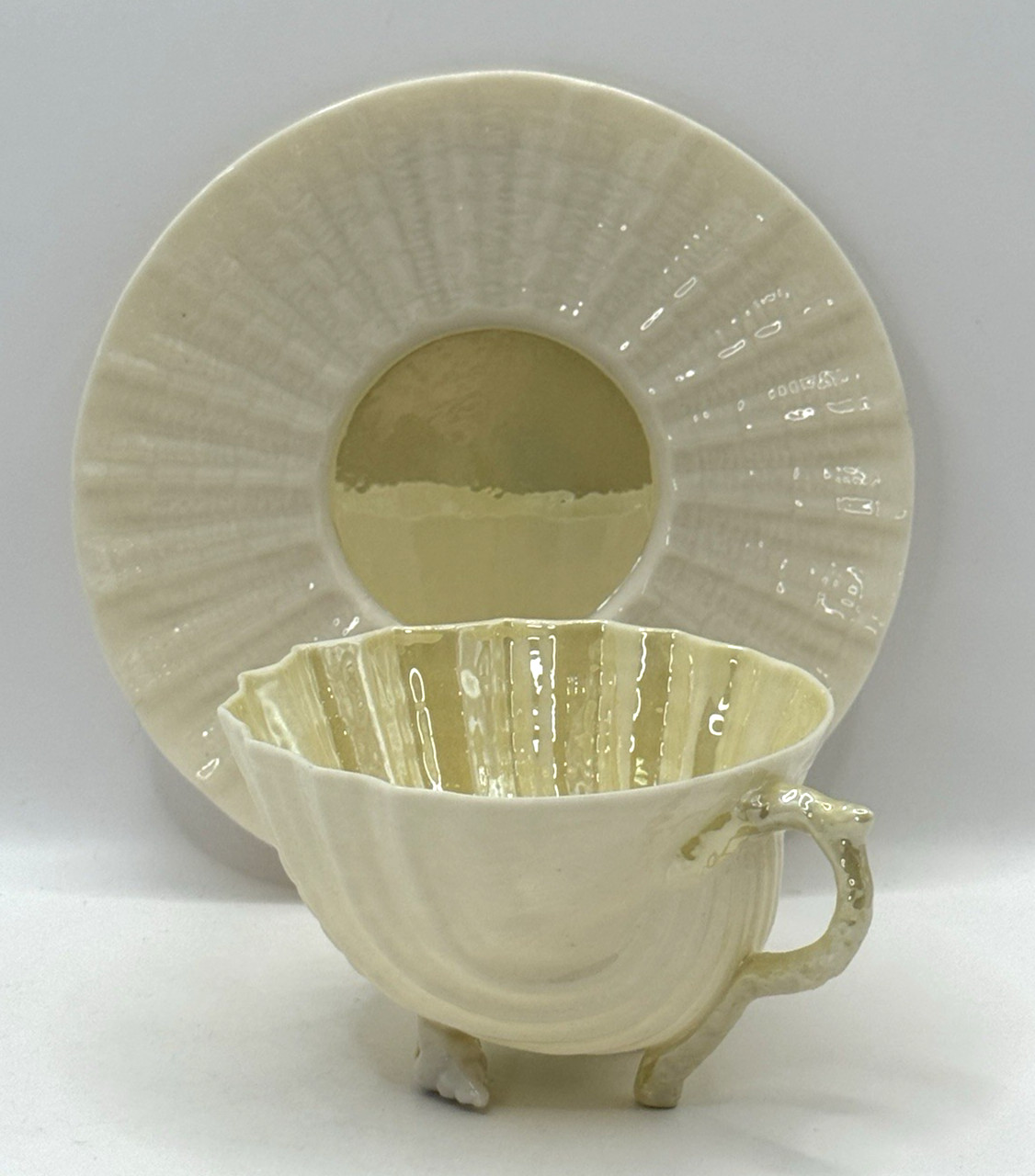 Belleek Neptune Shell Footed Cup and Saucer Yellow Ireland ~ Green Mark