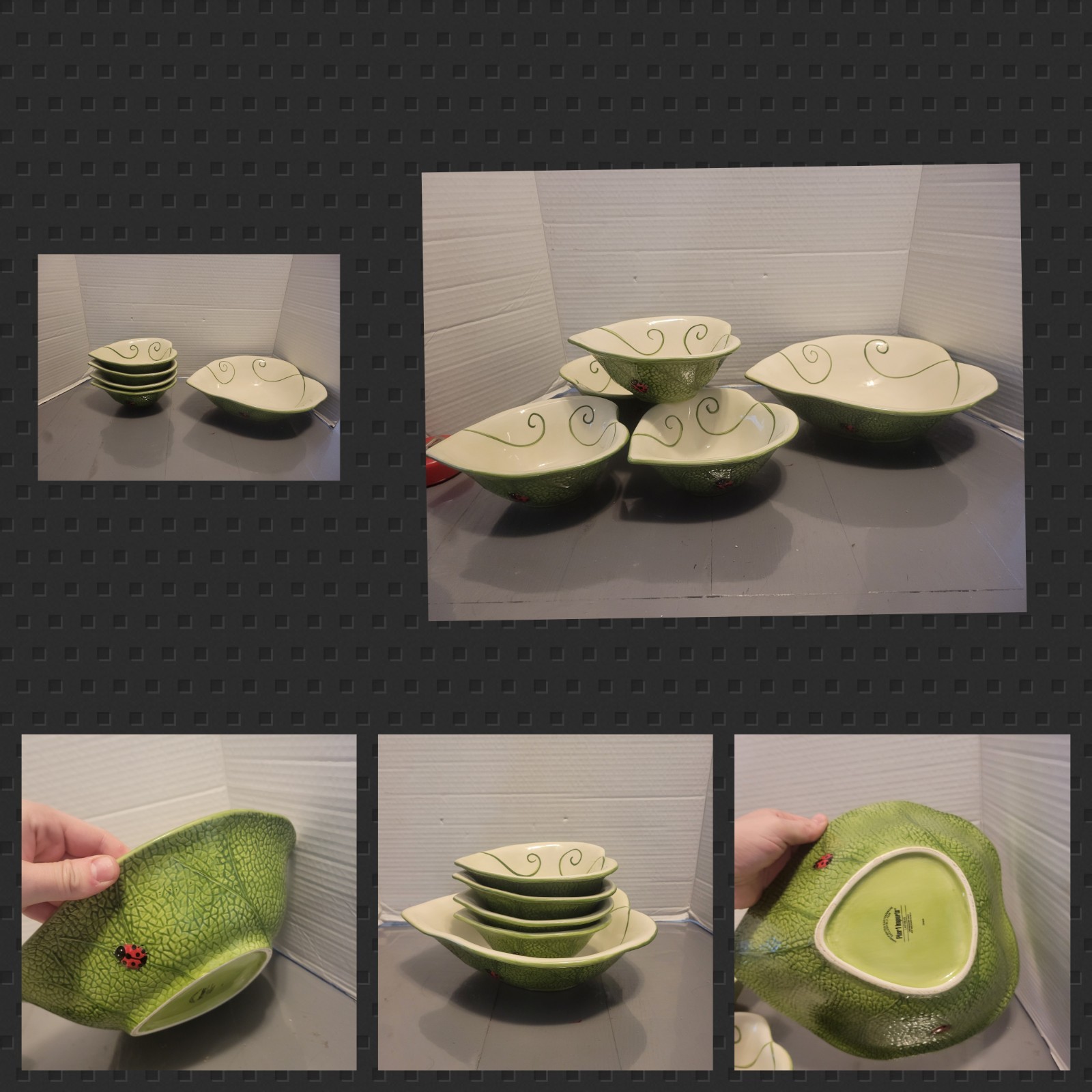 RARE~Pier 1 Imports Ladybug Leaf Heart Shaped Bowls~Set 4 And 1 Serving Bowl