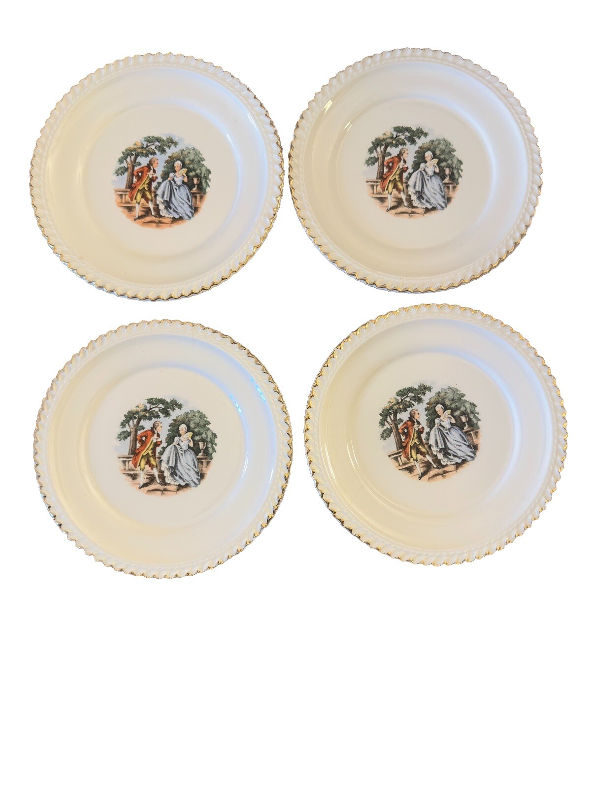 Harker Pottery Company “Courting Couple” 22k gold trim, Set Of 4 Dessert Plates
