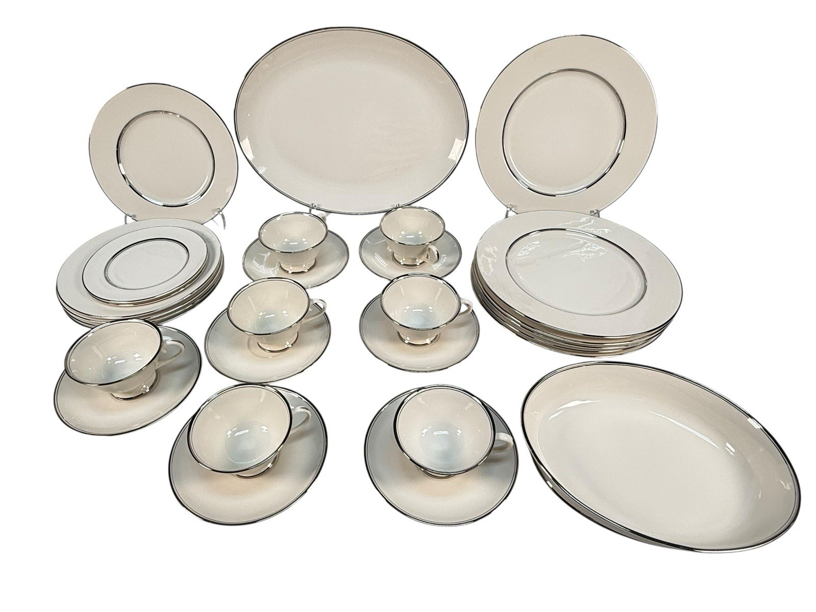 Vintage Flintridge China Mirador Bon-Lite Platinum Trim Dinnerware Set 29pc MCM