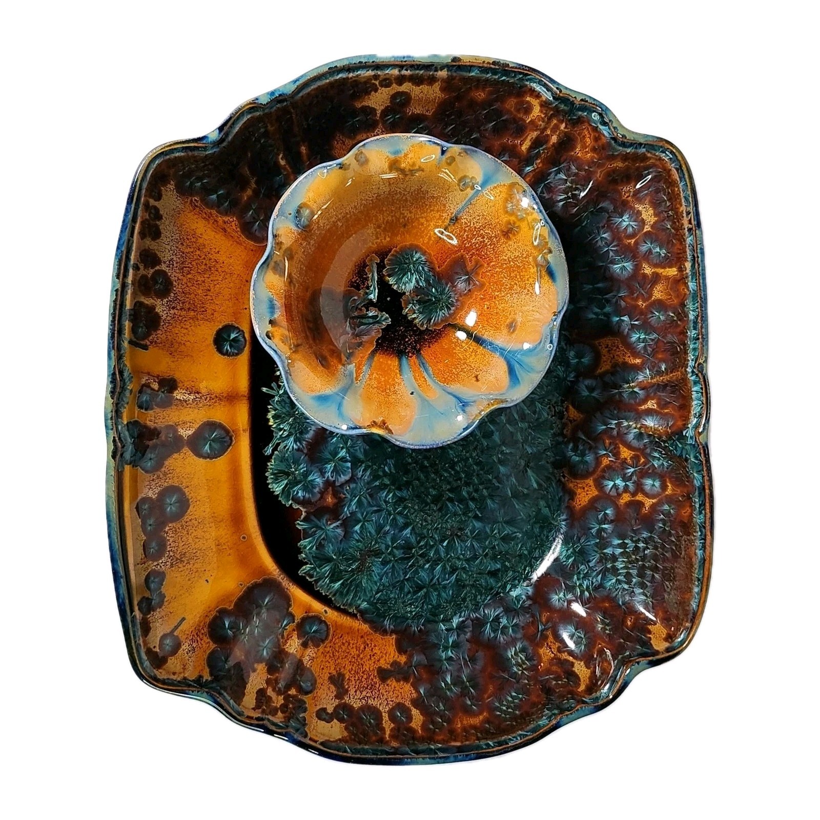 Vintage Studio Pottery Deep Amber & Teal Crystalline Glaze Ceramic Platter