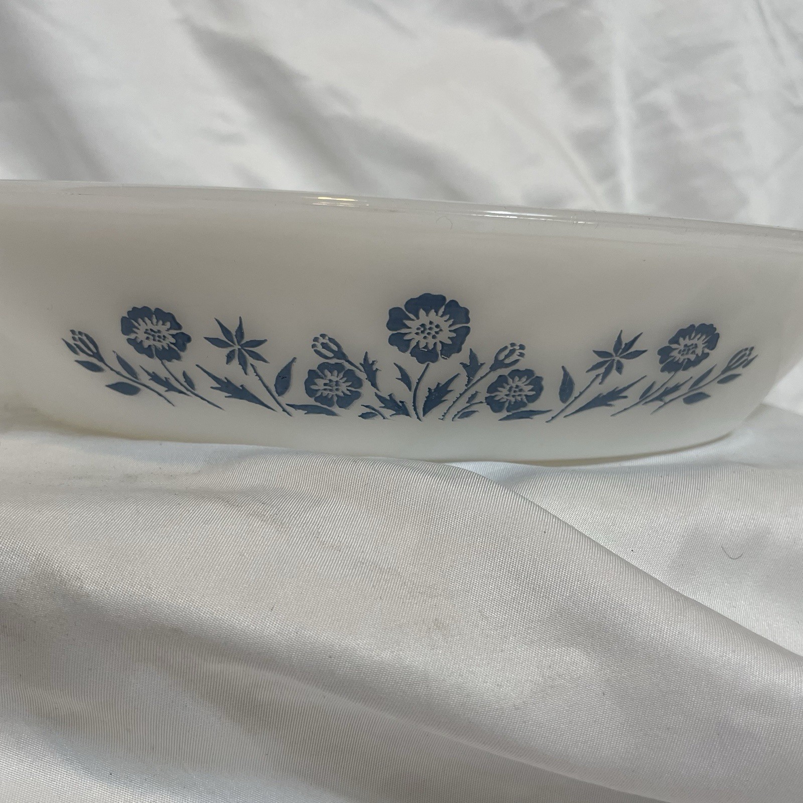 Vintage Glasbake White Milk Glass Blue Cornflowers Divided Casserole Dish