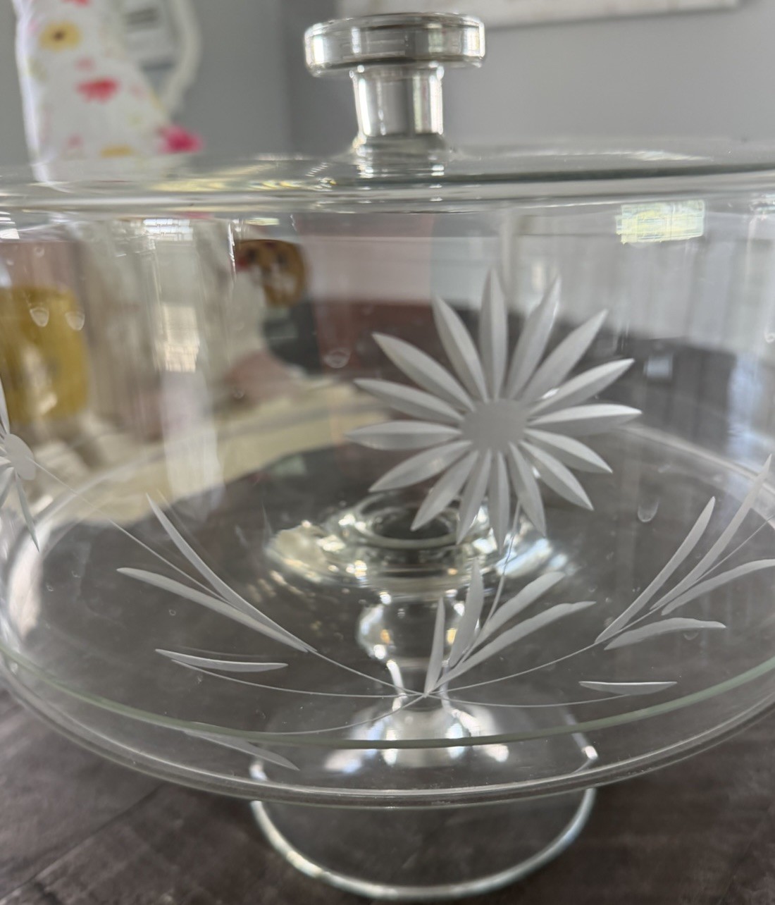 Etched Glass Cake Pedestal Stand & Lid 10-3/8″ cake stand inner diameter