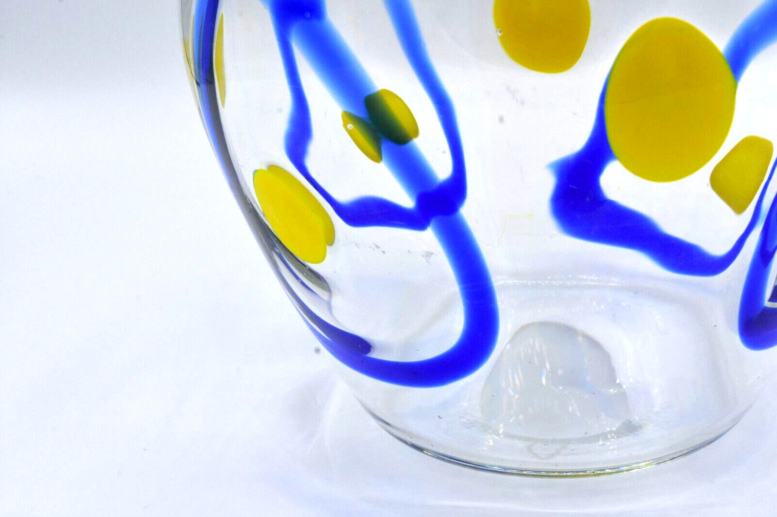 Hand Blown Art Glass Vase Clear with Cobalt Blue Swirls Yellow Spots Mexico?