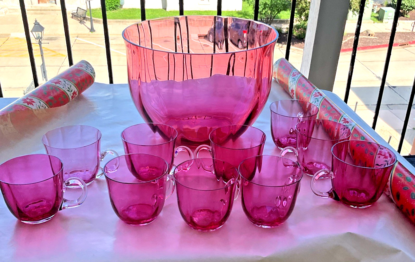 Antique Cranberry Pink Glass Punch Bowl Set w/ 10 Handled Cups Pilgrim Optic