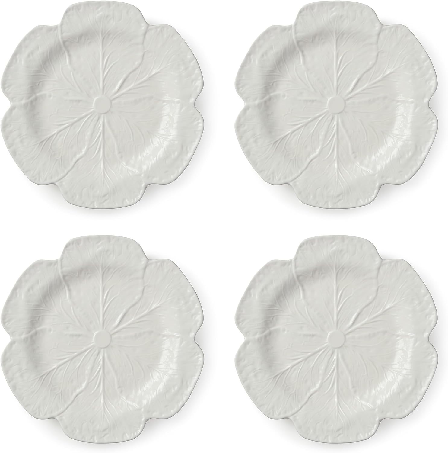 White Cabbage 3-D 11″DINNER PLATES, SETOF 4 – Sculpted Ivory Stoneware Leaf