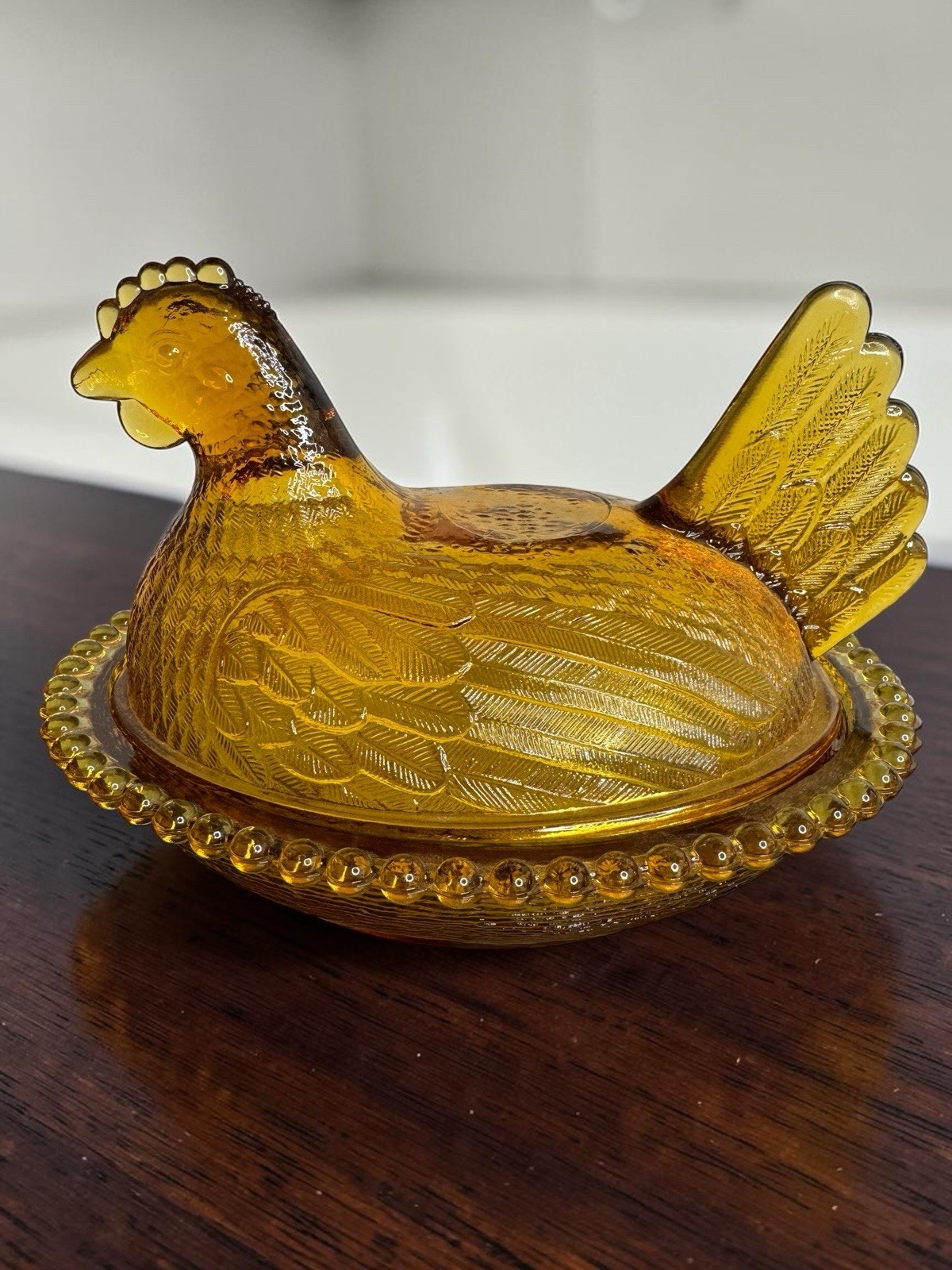 Vintage Indiana Glass Amber Hen on Nest – Beaded Edge Candy Dish MCM Granny Core