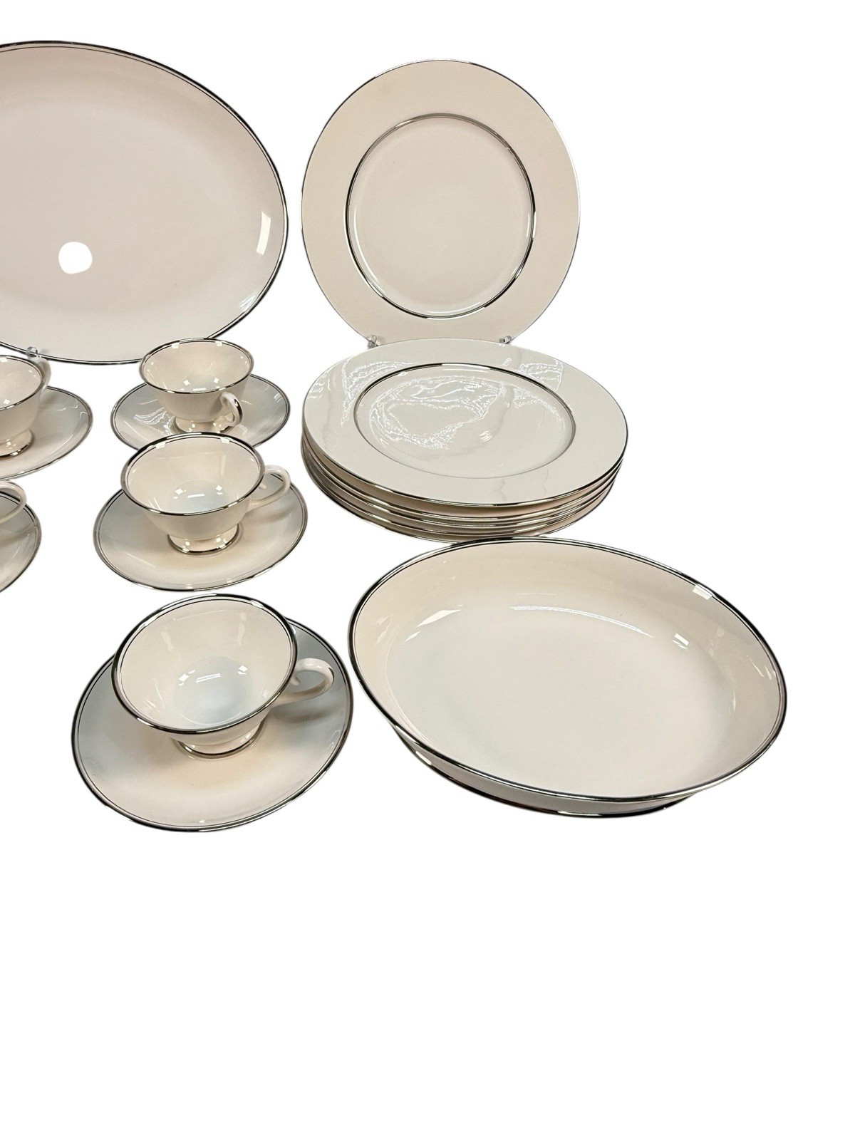 Vintage Flintridge China Mirador Bon-Lite Platinum Trim Dinnerware Set 29pc MCM