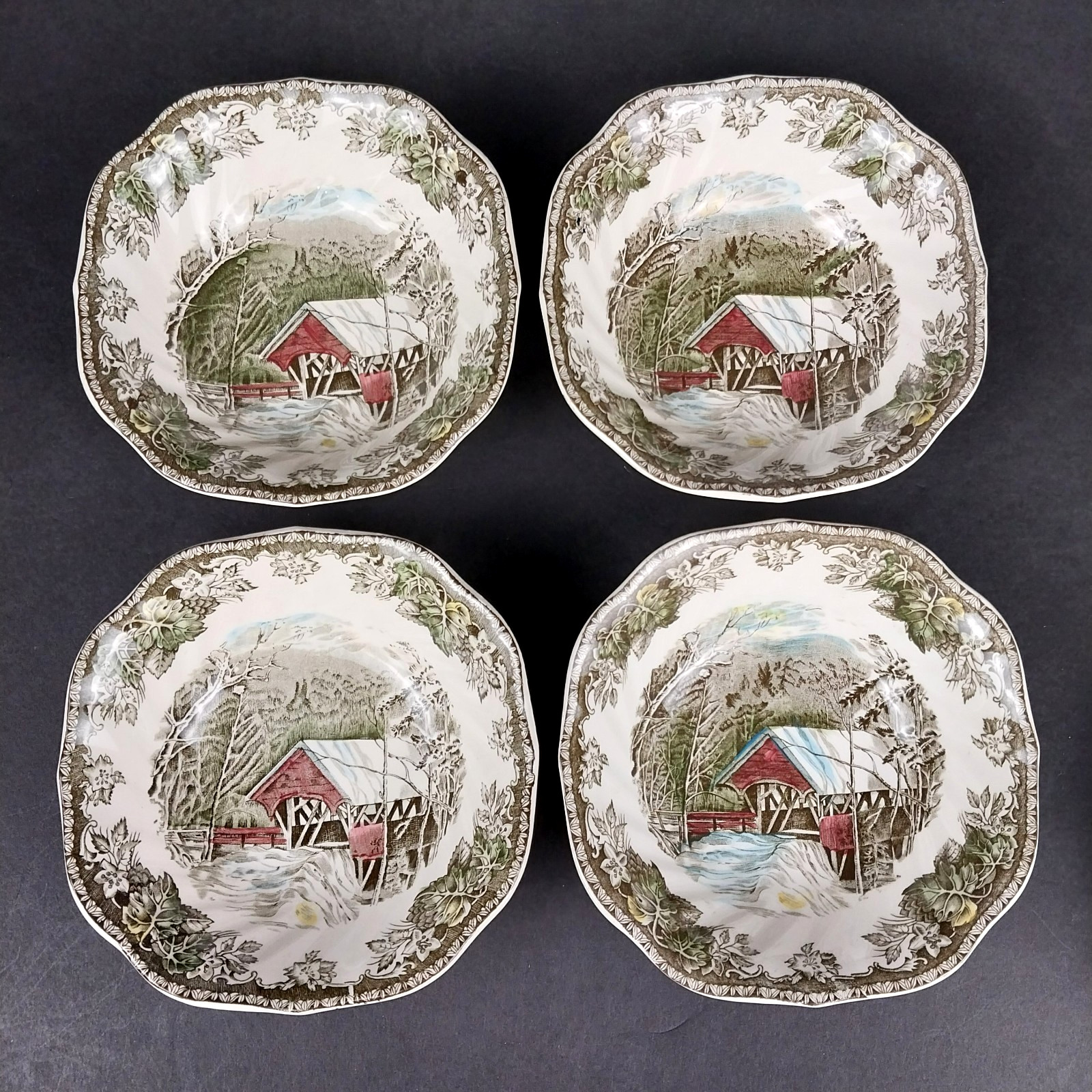 Vintage Johnson Brothers Friendly Village Covered Bridge 6.25″ Square Soup Bowls