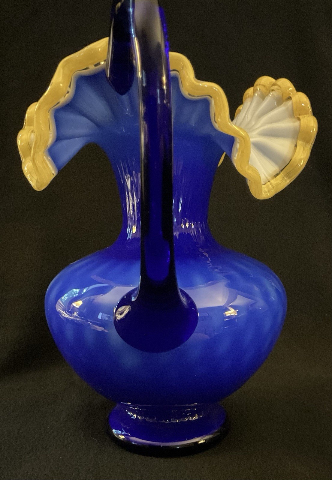 2 MCM Arte Murano Kristall Mery Cobalt Blue Pitcher W/Yellow Ruffled Rim 8.5
