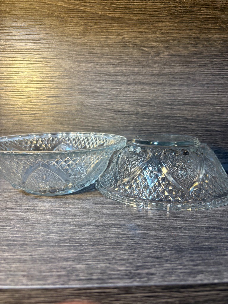 2 Vintage KIG Indonesia clear glass bowl with Heart and Floral pressed pattern