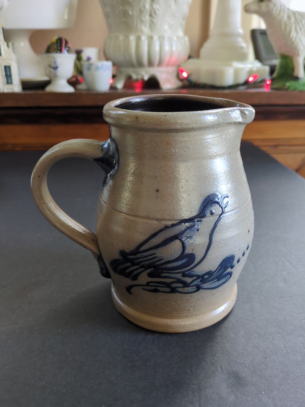 1992 ROWE Pottery BLUEBIRD Small Pitcher Vase Salt Glaze Gray Blue Bird Vintage