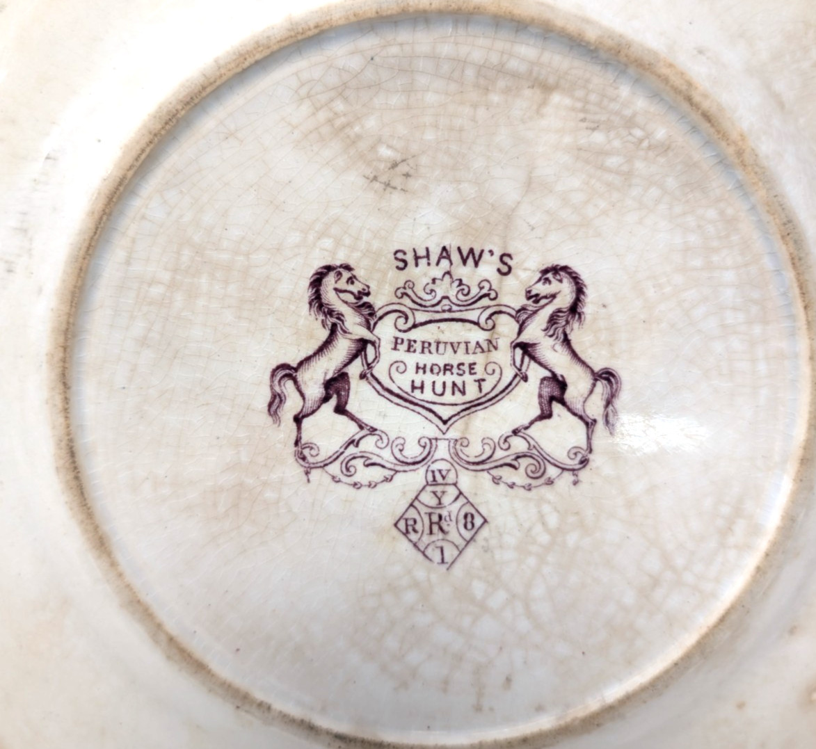 Antique Shaw’s Peruvian Horse Hunt Purple/Brown Transferware Plate Staffordshire