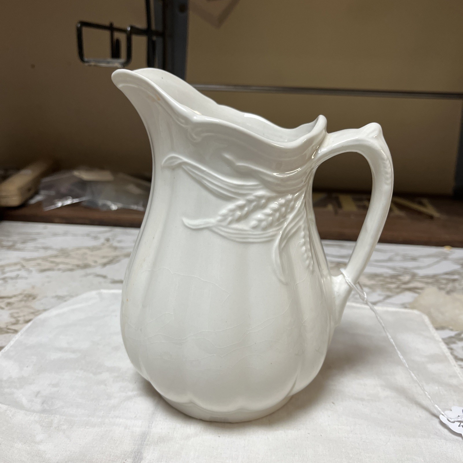Royal Crownford Ironstone Wheat Pitcher White England Pottery 6.5″