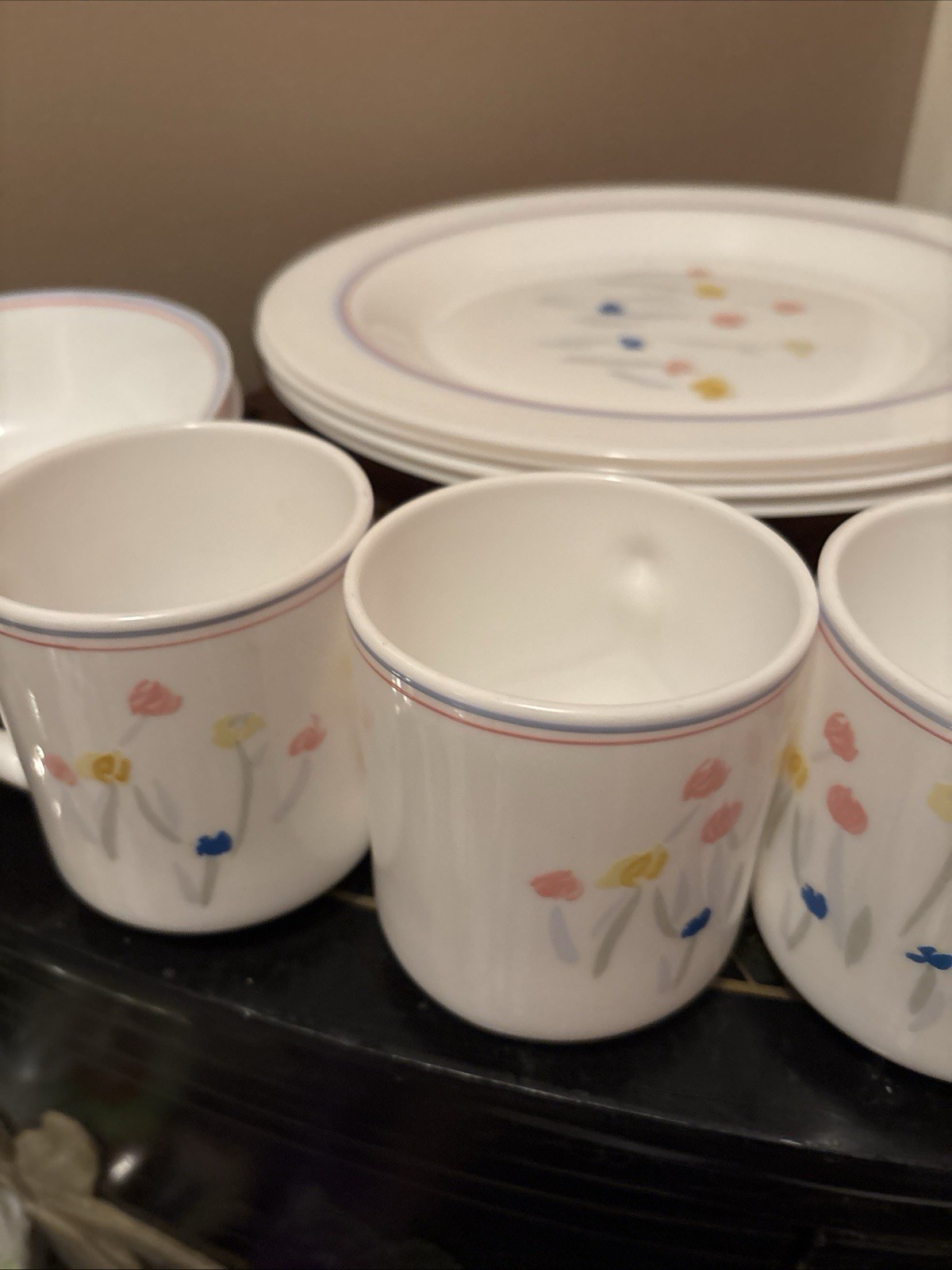 ARCOPAL France PASTORAL Vtg. Milk Glass 4 Salad 4 dinner, 3 soup bowls 4 Mugs