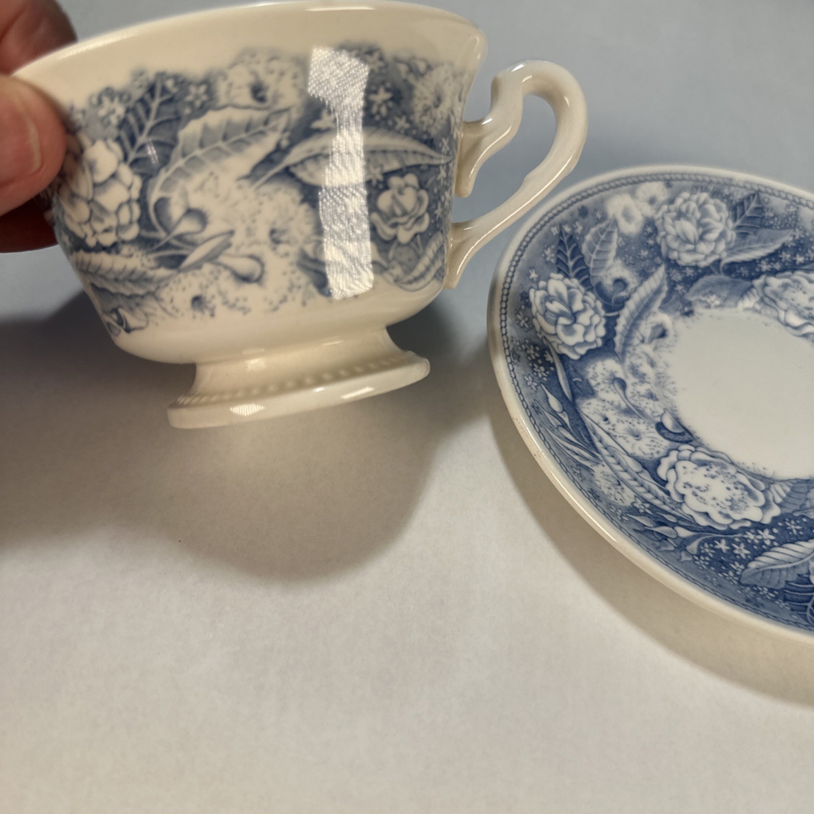 Vintage Wedgwood Pomona College Footed Cup & Saucer Blue White England