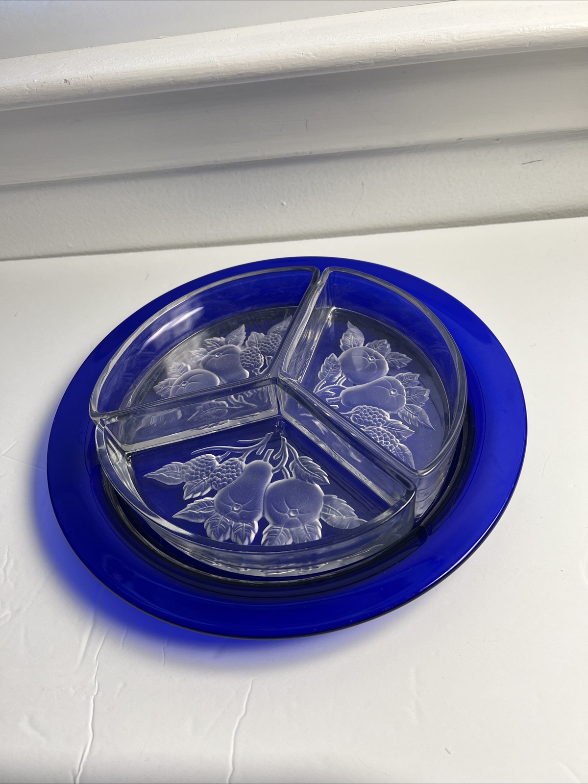 VTG Imperial Glass Intaglio Fruit 3 Part Relish Appetizer Dish Blue Under plate