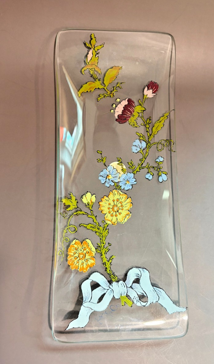 VTG Dorothy Thorpe Serving Dish Platter Hand Painted Floral Motif White Bow MCM