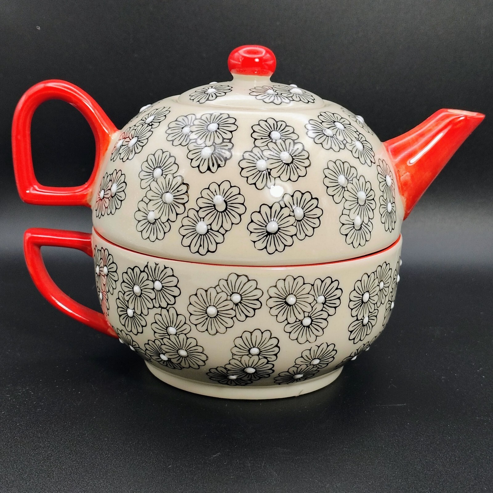 Yokohama Studio Hand Painted Embossed Ceramic Teapot & Cup Mug Duo Set