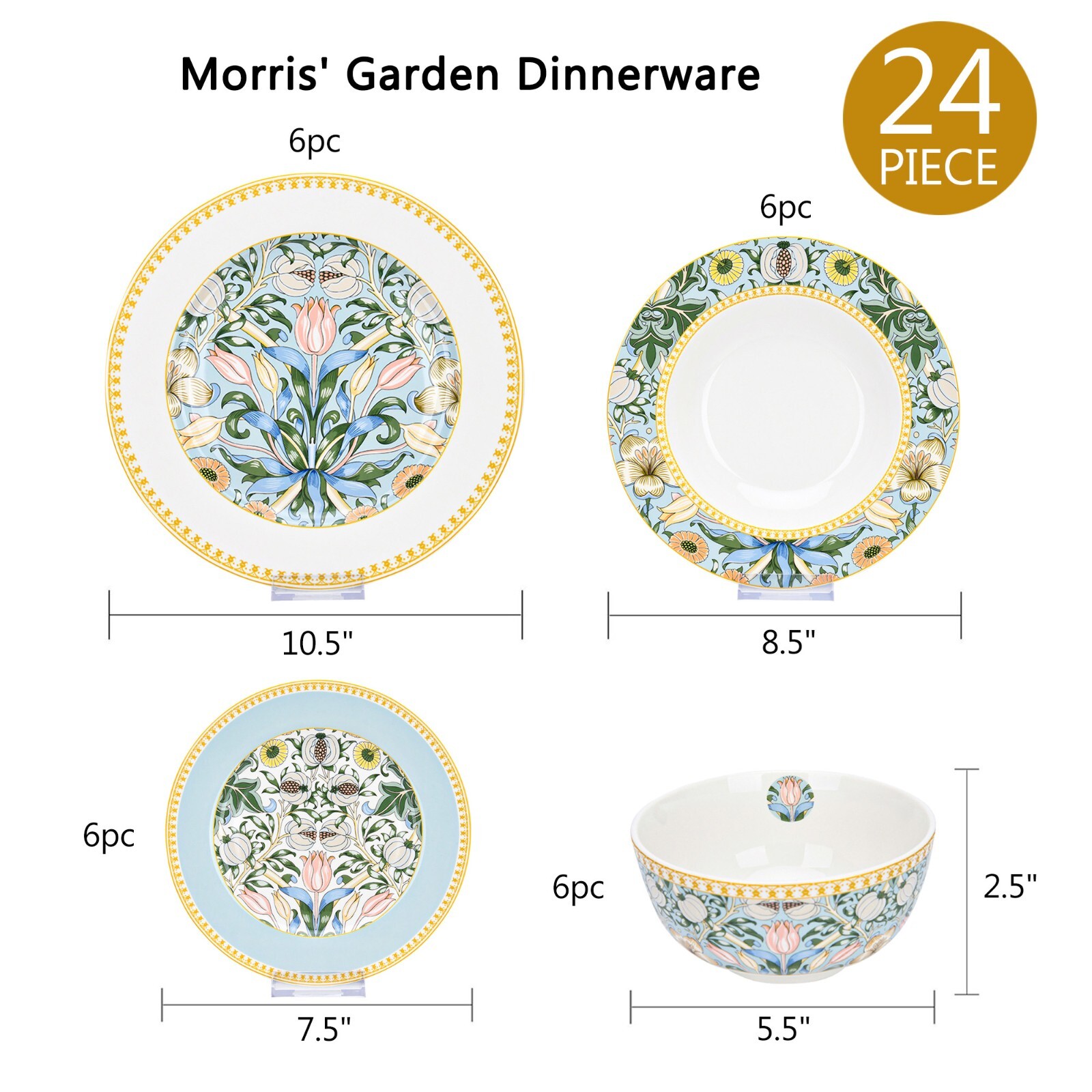 24pc Bone China Dinner Service Set Porcelain Dinnerware MORRIS GARDEN Turquoise