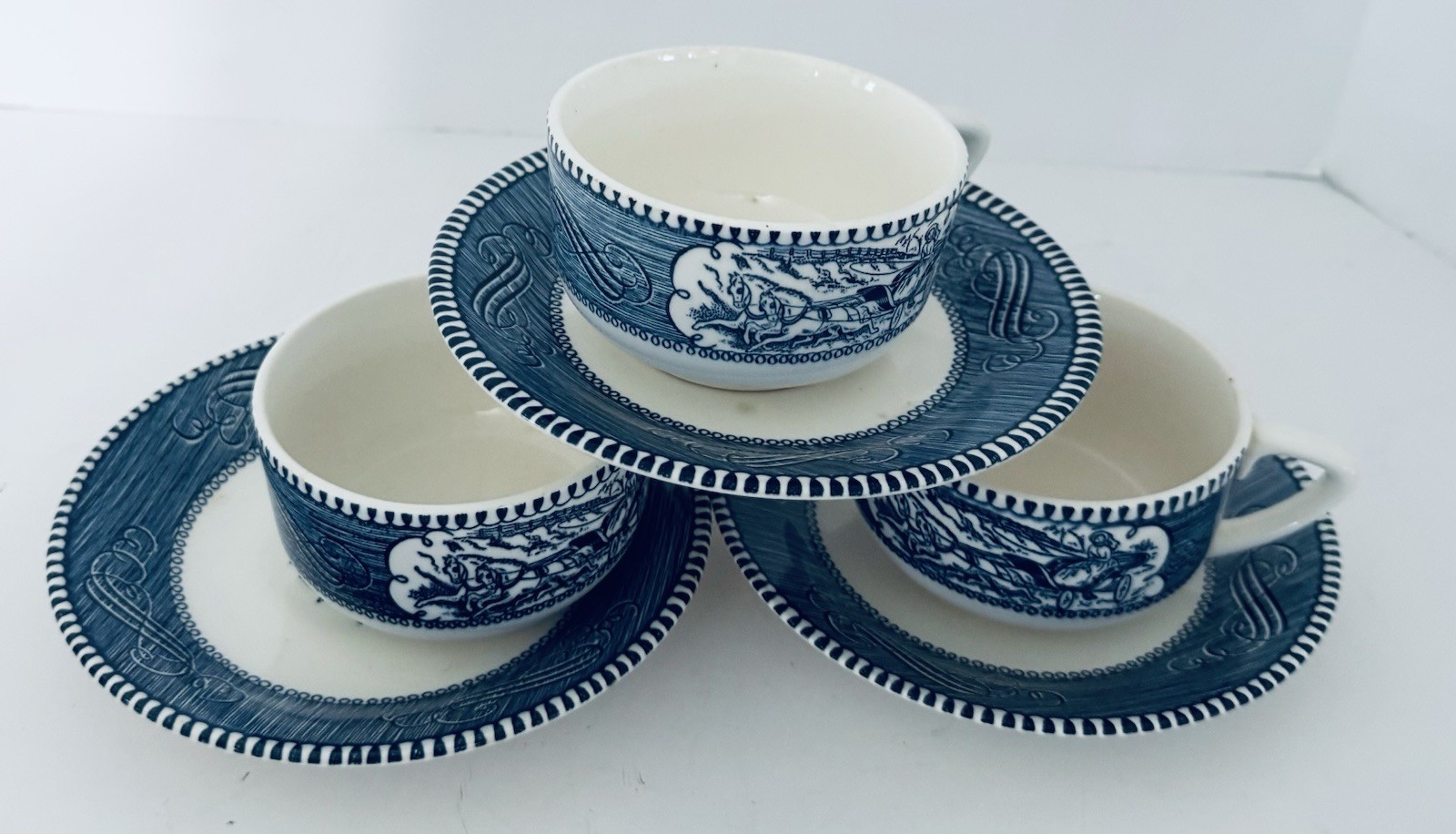Currier & Ives Blue Royal China Coffee Tea Flat Cups With Saucers Lot of 2 Sets