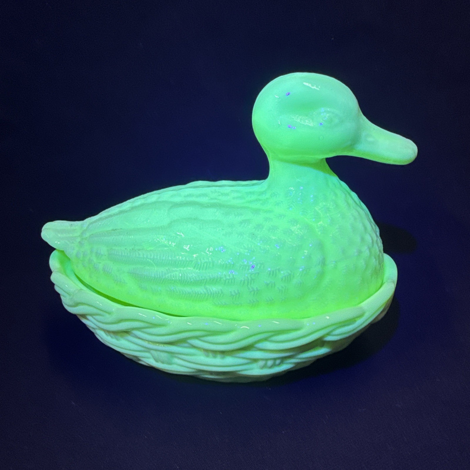 Uranium Glass MOSSER Custard Duck on Nest Covered Candy Dish Glows UV Vintage
