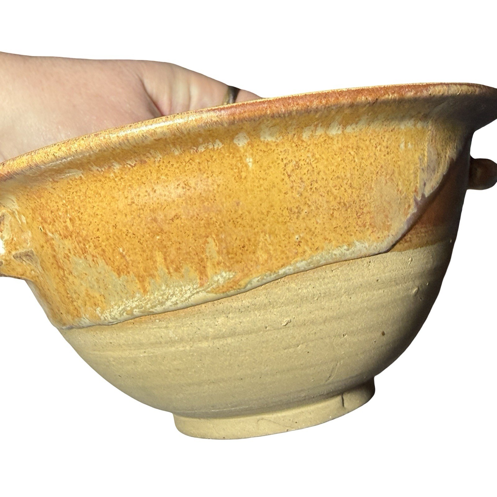 Handmade Earthenware Bowl Art Pottery Ceramic 6 1/2″ USA Handles Thin Floral