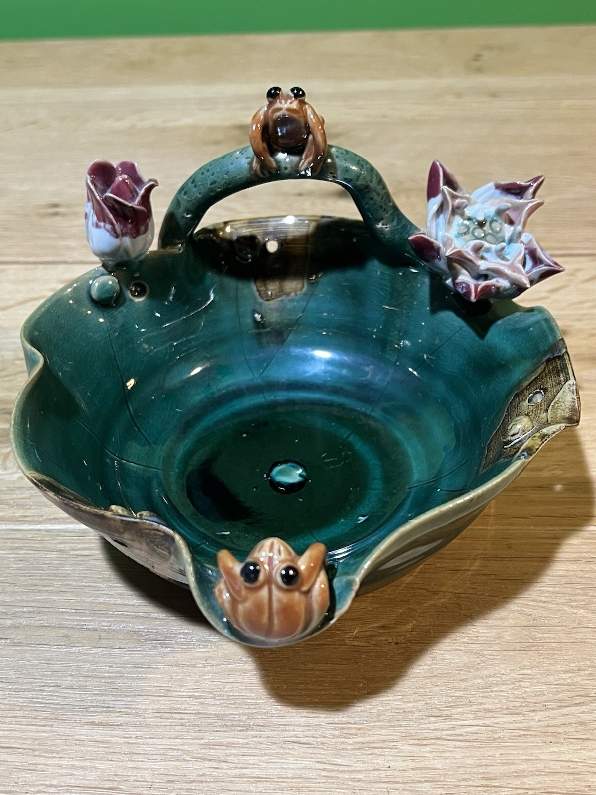 Majolica Style Frog & Lotus Bowl Pottery Handmade Free Form Art Unique
