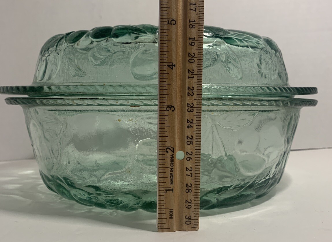Sale Vintage Libbey Orchard Fruit Green Glass 3 QT Casserole Baking Dish Pie Lid