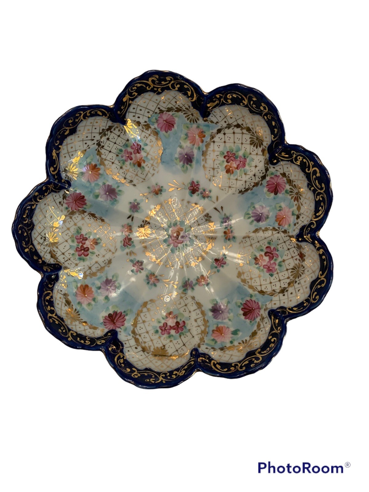Antique Nippon Hand Painted Gold Cobalt Blue PINK & YELLOW FLOWERS Serving Bowl