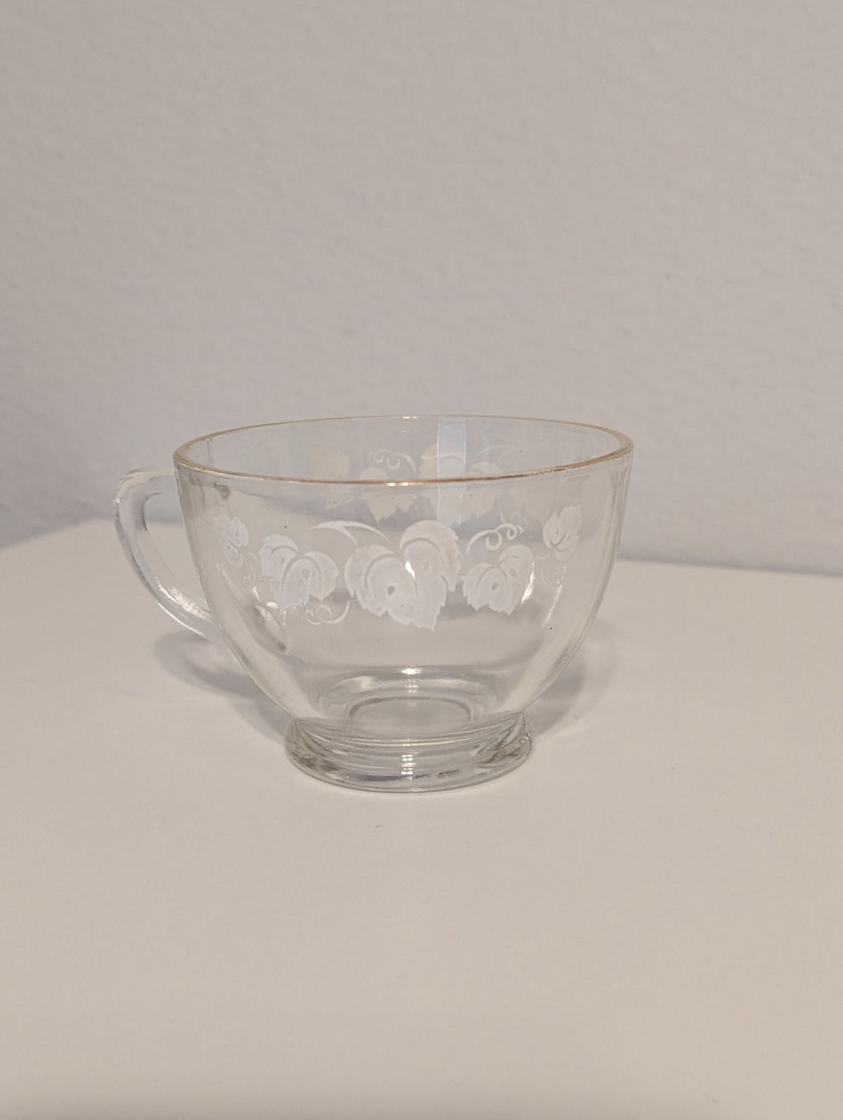 Vintage Clear Glass Tea Cup White Grape Leaves Gold Rim No Saucer