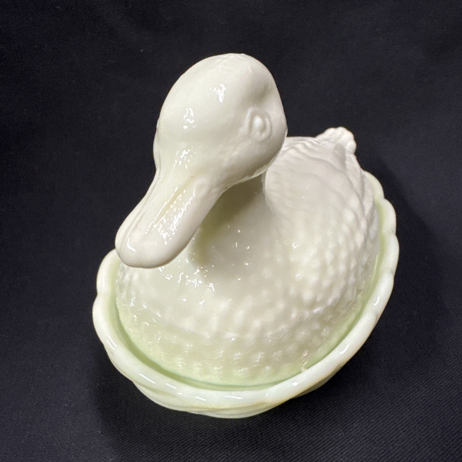 Uranium Glass MOSSER Custard Duck on Nest Covered Candy Dish Glows UV Vintage