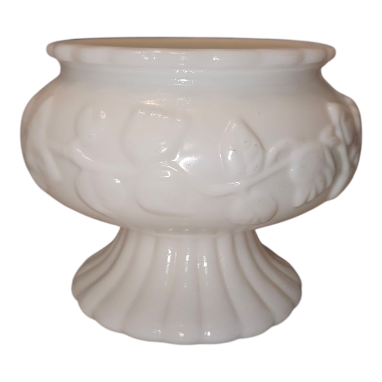 VTG White Milk Glass Embossed Ivy Plant Pedestal Compote Bowl Home Decor 70’s