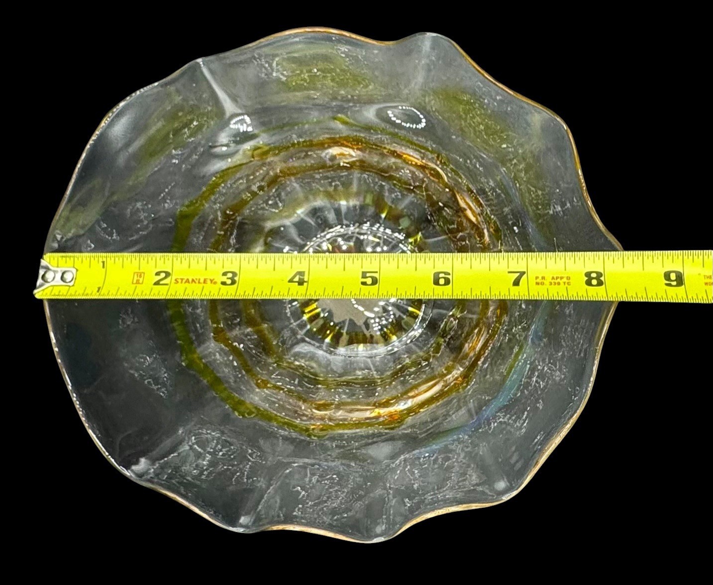 Signed Hilltop Studio Art Glass Ruffle Bowl Centerpiece Amber Clear Handblown