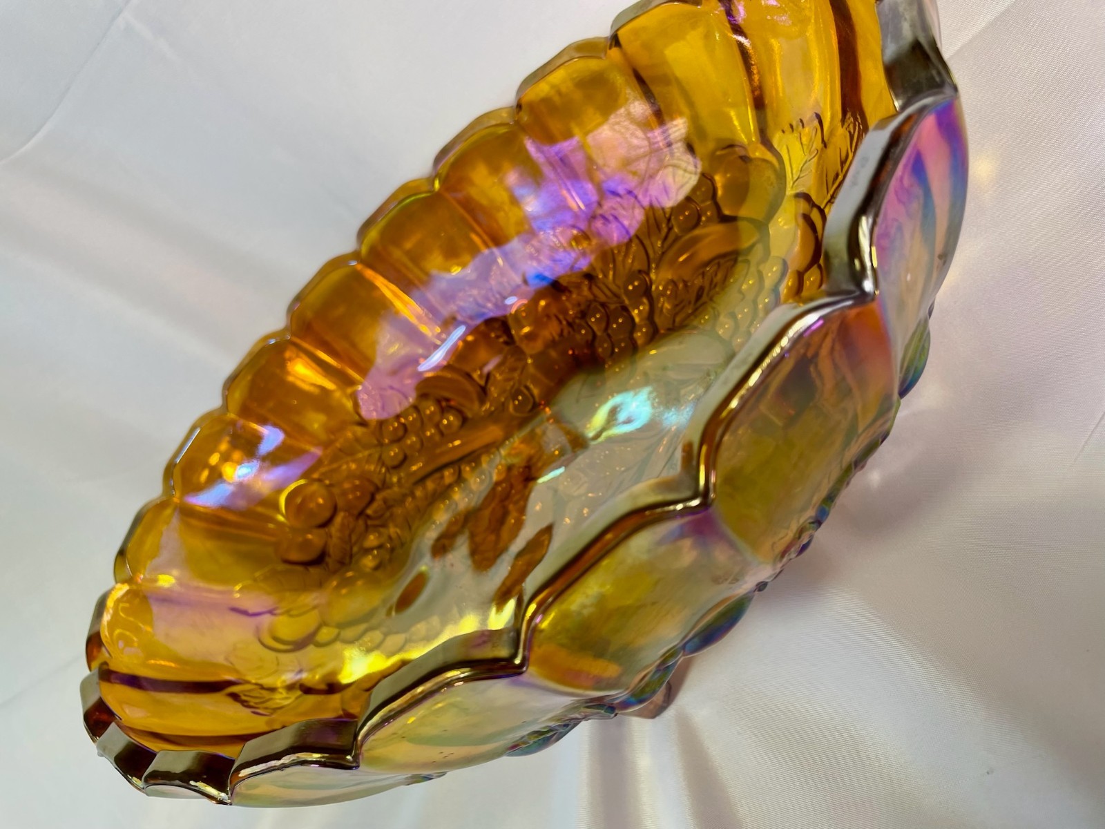 Vintage Carnival Glass Amber Iridescent Fruit Bowl 12” LG Footed Oval Indiana