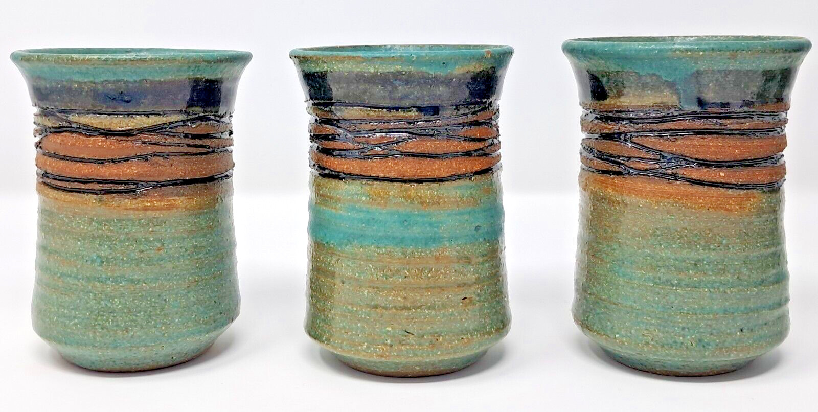 Stoneware Art Pottery Cups 8-9 fl oz Set of 6 turquoise glaze 4″ tall unique