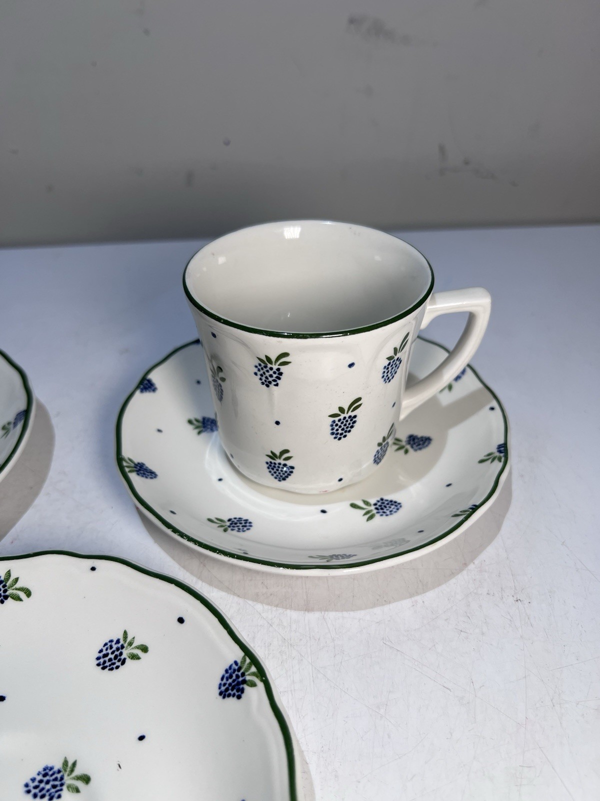 Vintage Johnson Brothers Ironstone Blue Berries 2-Teacup And 3 Saucers