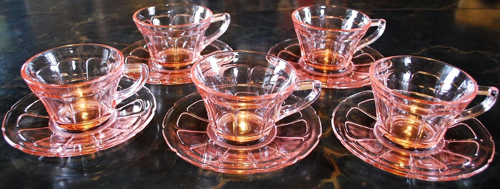 Vtg Set 5 ‘VICTORY’ PINK DEPRESSION GLASS Cups/Matching Saucers c1930 By Diamond