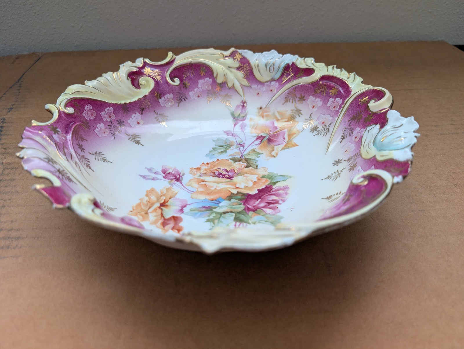 Antique R.S. Prussia 10″ Bowl Magenta Roses Carnation Mold Unmarked 1890-1910