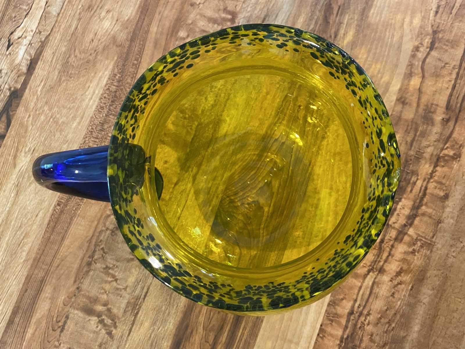 Hand Blown Yellow & Cobalt Blue Glass Pitcher