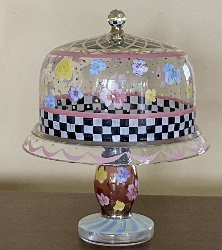 Mackenzie Childs Pansy Glass Pedestal Cake Stand and Dome HTF Excellent